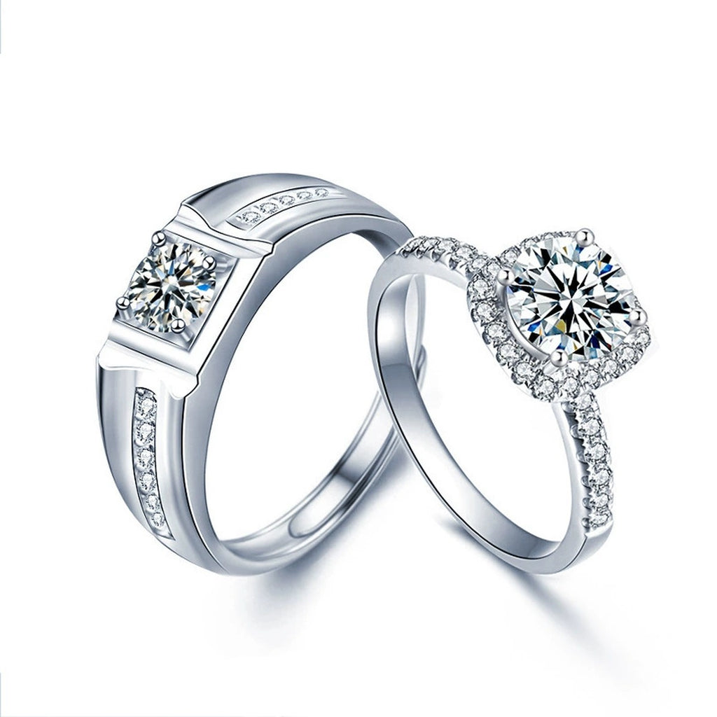 Halo Couples Round Moissanite Wedding Rings with CZ in white gold-plated S925 sterling silver on clean white background
