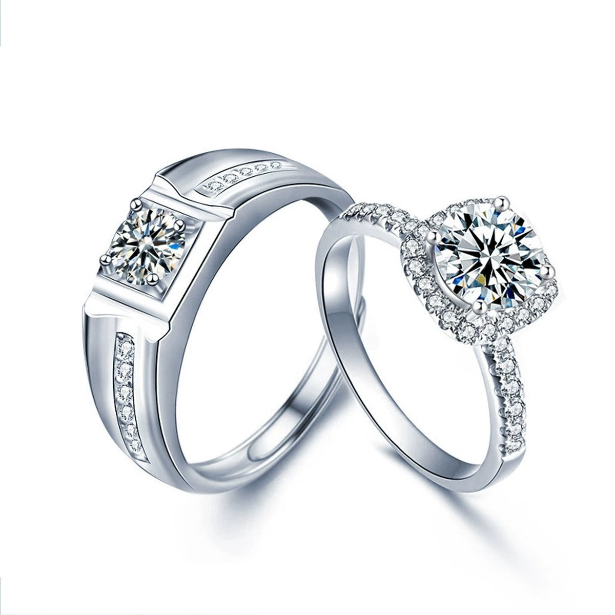 Halo Couples Round Moissanite Wedding Rings with CZ in white gold-plated S925 sterling silver on clean white background