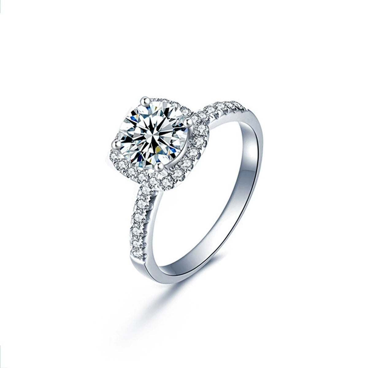 Halo Couples Round Moissanite Wedding Rings with CZ in white gold-plated S925 sterling silver on clean white background