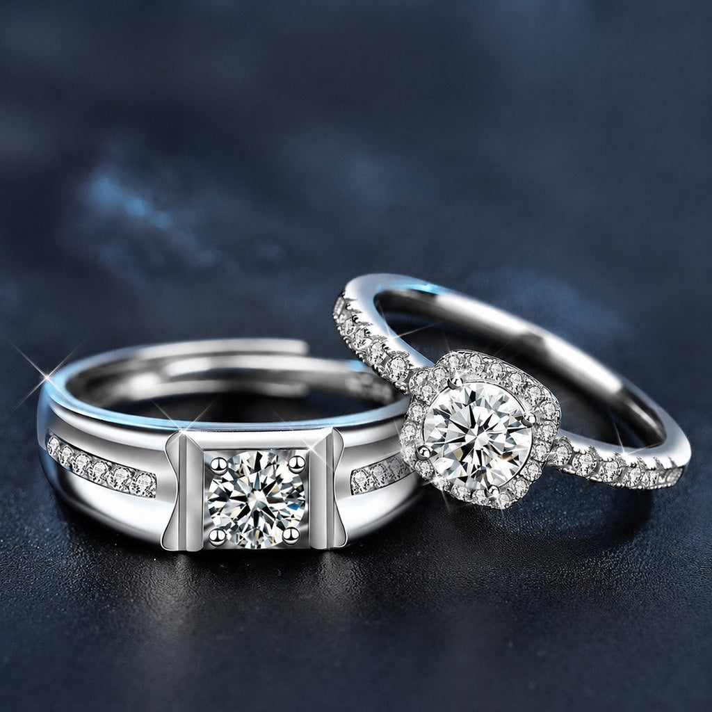 Halo Couples Round Moissanite Wedding Rings with CZ close-up detail view with moissanite sparkle