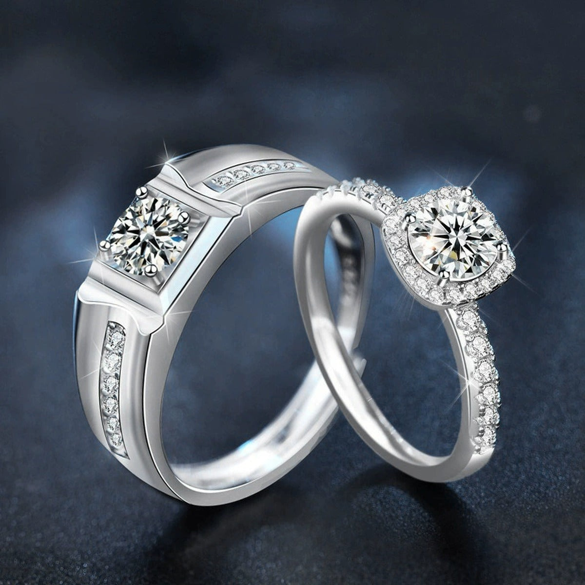Halo Couples Round Moissanite Wedding Rings with CZ close-up detail view with moissanite sparkle