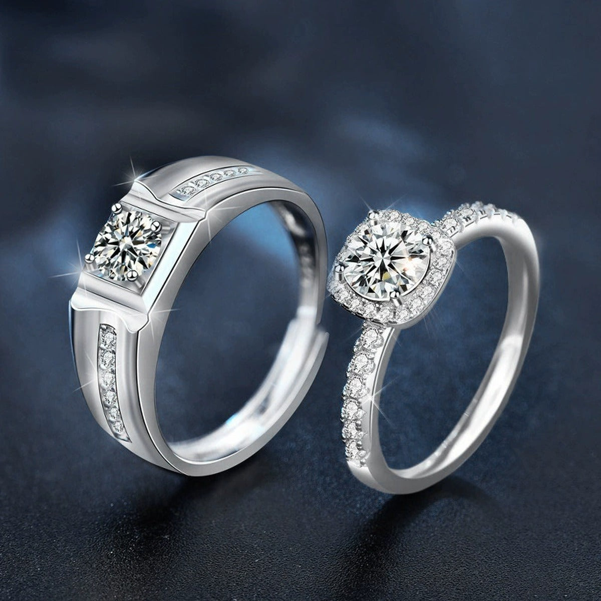Halo Couples Round Moissanite Wedding Rings with CZ close-up detail view with moissanite sparkle