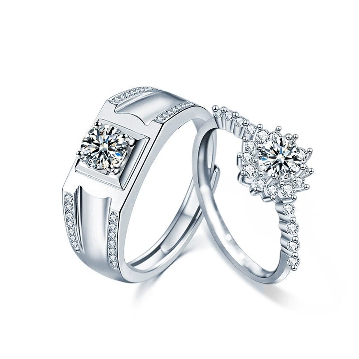 Floral Couples Round Moissanite Wedding Rings with CZ in white gold-plated S925 sterling silver on clean white background