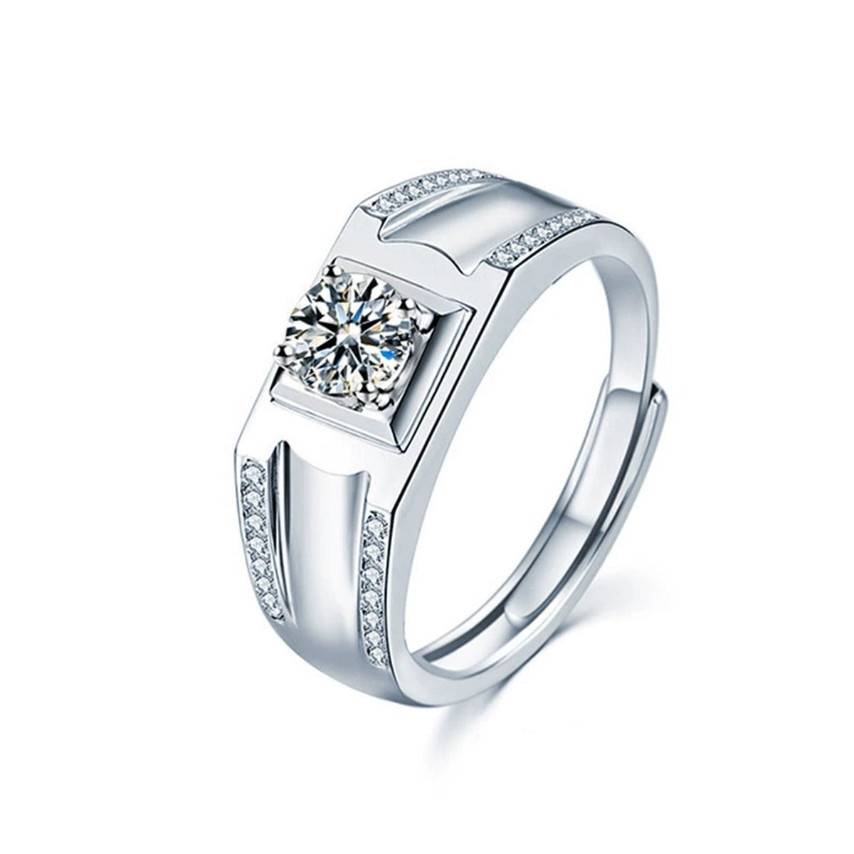 Floral Couples Round Moissanite Wedding Rings with CZ in white gold-plated S925 sterling silver on clean white background