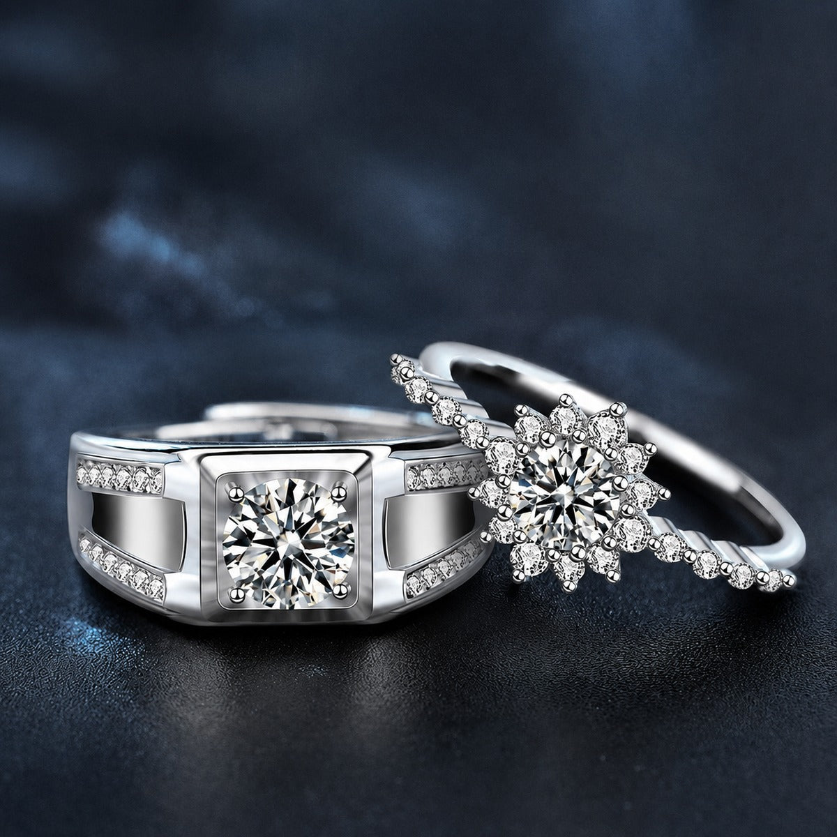 Floral Couples Round Moissanite Wedding Rings with CZ close-up detail view with moissanite sparkle