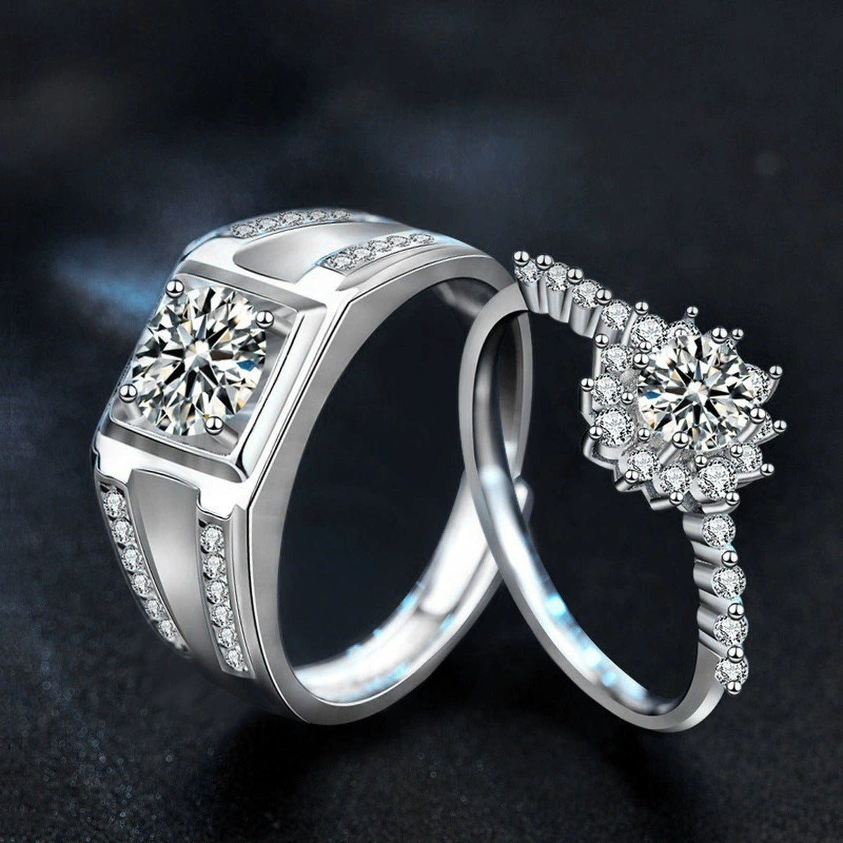 Floral Couples Round Moissanite Wedding Rings with CZ close-up detail view with moissanite sparkle