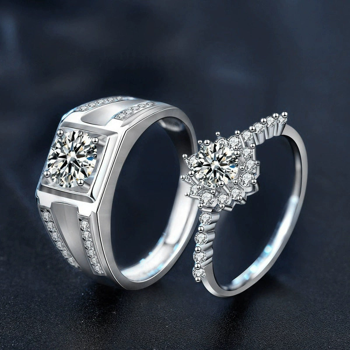 Floral Couples Round Moissanite Wedding Rings with CZ close-up detail view with moissanite sparkle