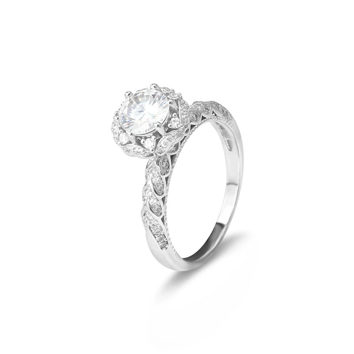 Vintage Round Moissanite Engagement Ring with CZ in gold-plated S925 sterling silver on clean white background
