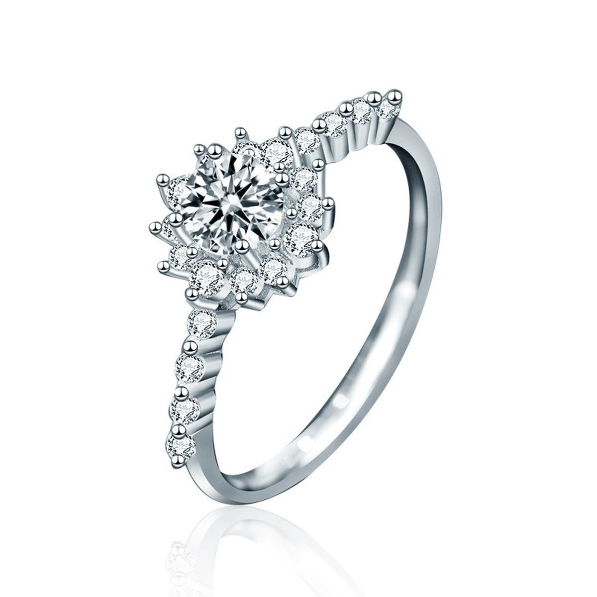 Sunflower Round Moissanite Engagement Ring with CZ in white gold-plated S925 sterling silver on clean white background