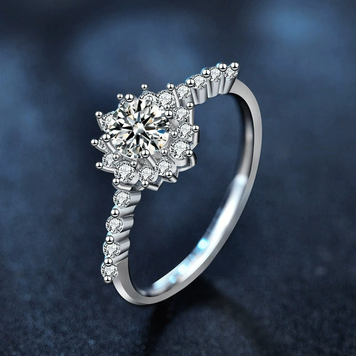 Sunflower Round Moissanite Engagement Ring with CZ close-up detail view with moissanite sparkle