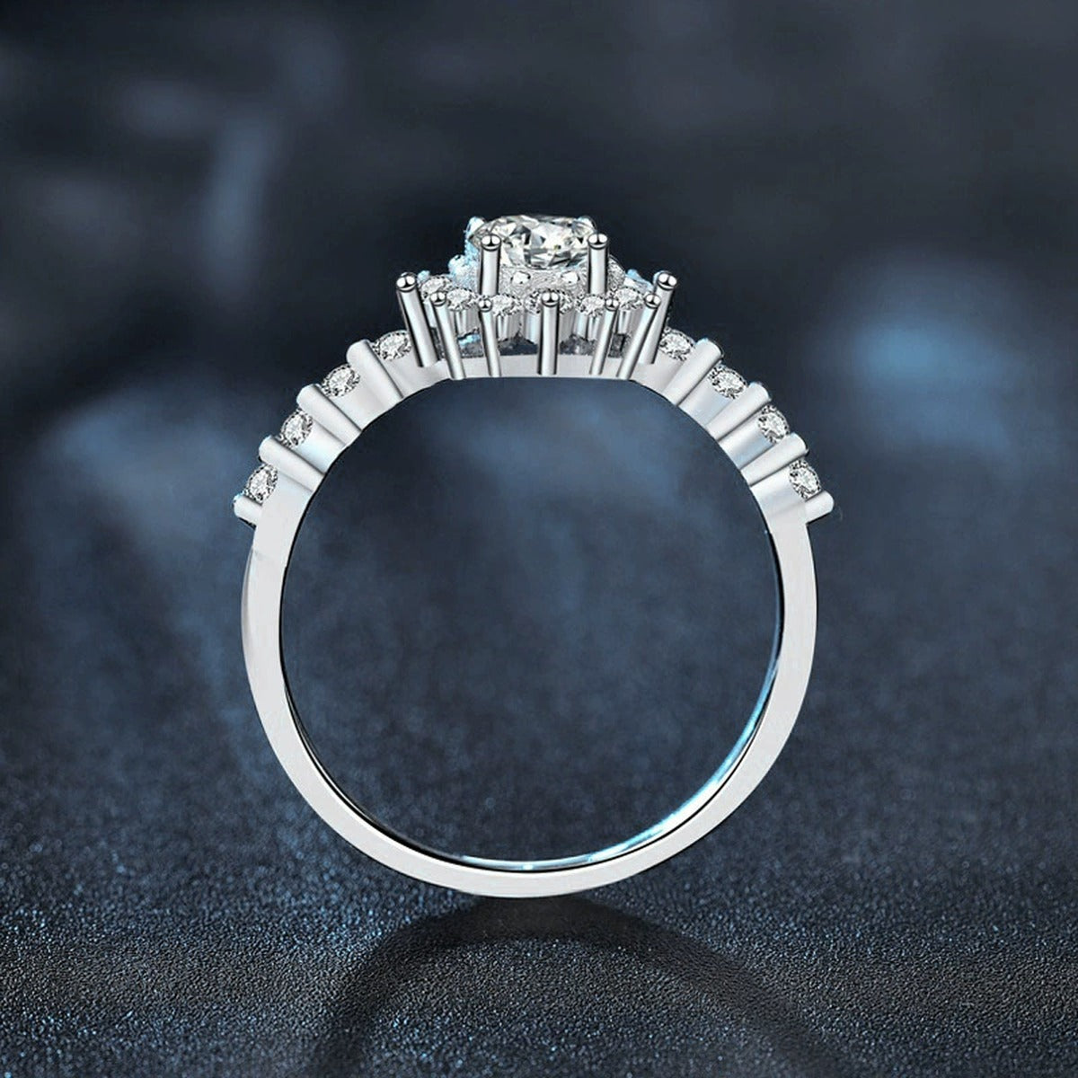 Sunflower Round Moissanite Engagement Ring with CZ close-up detail view with moissanite sparkle