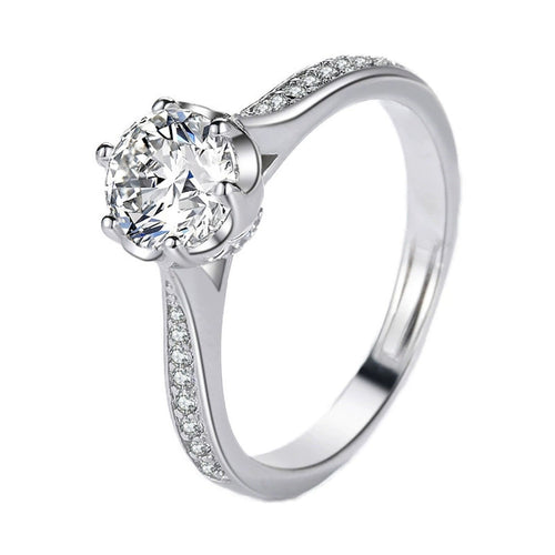 Bud Six-Prong Round Moissanite Adjustable Engagement Ring with CZ in white gold-plated S925 sterling silver on clean white background
