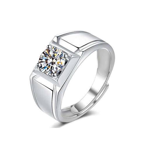 Architectural Round Moissanite Men's Wedding Ring in white gold-plated S925 sterling silver on clean white background