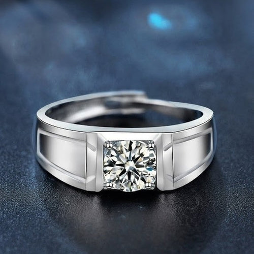 Architectural Round Moissanite Men's Wedding Ring close-up detail view with moissanite sparkle