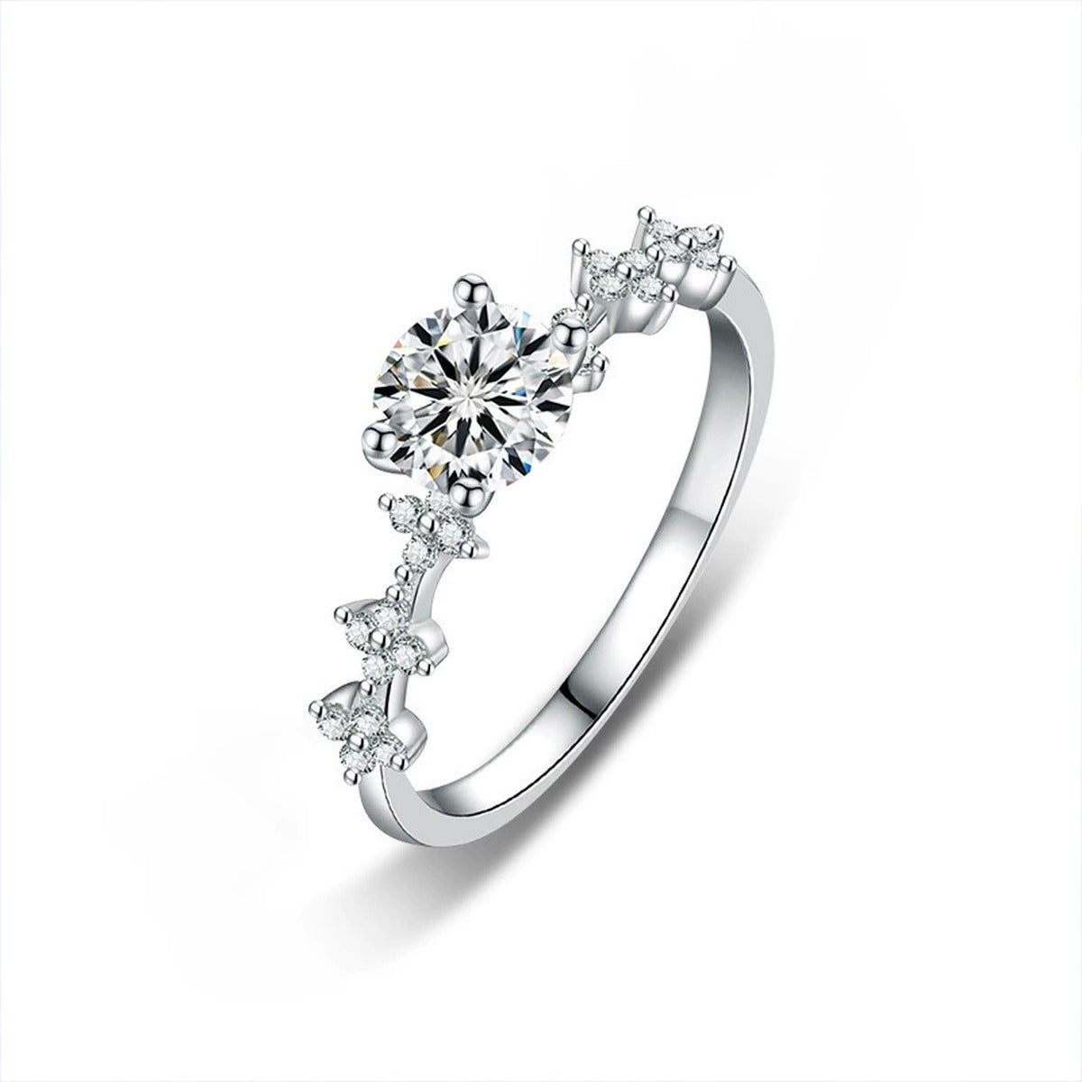Four-Prong Round Moissanite Engagement Ring with CZ in gold-plated S925 sterling silver on clean white background