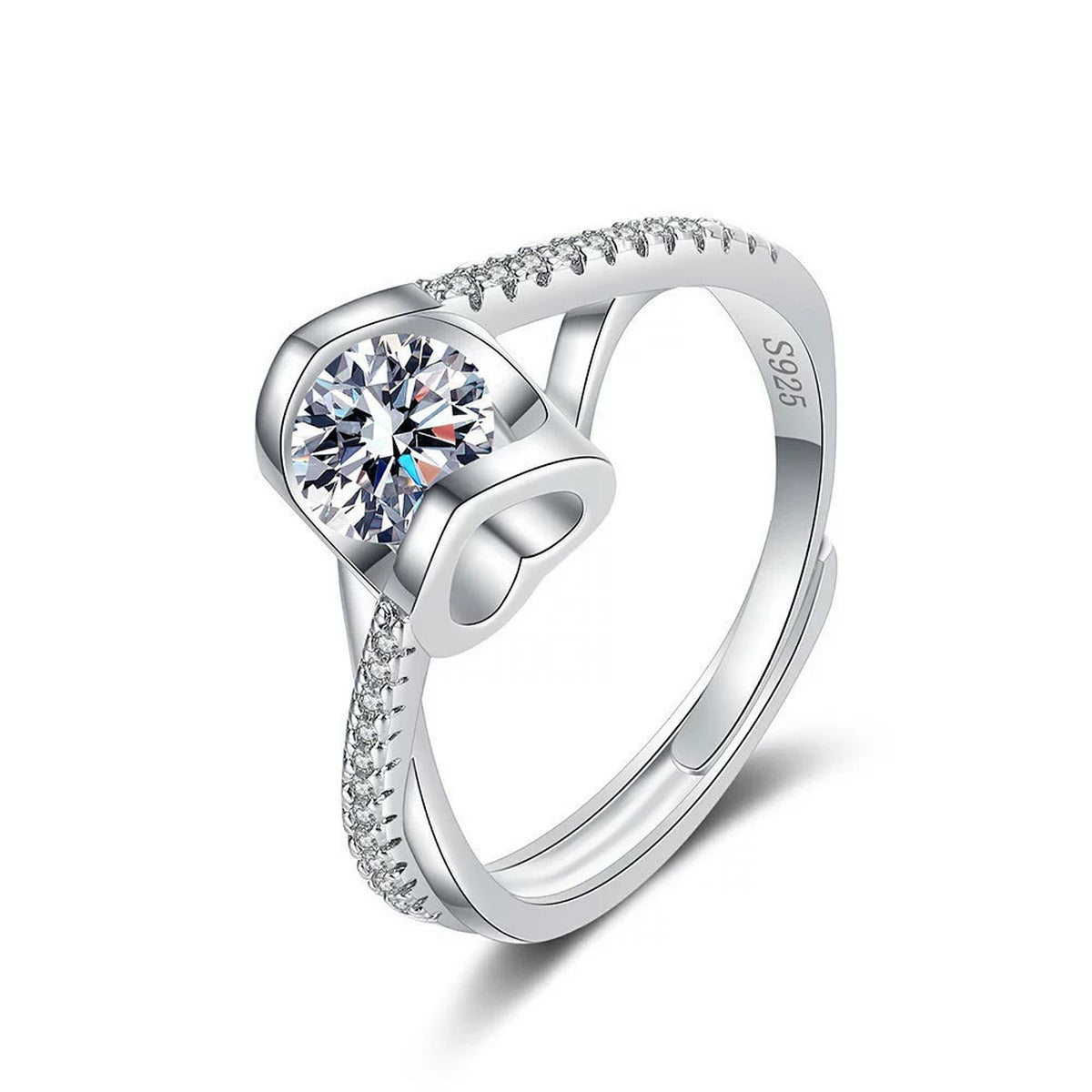 Heart Accent Round Moissanite Adjustable Fashion Ring with CZ in gold-plated S925 sterling silver on clean white background