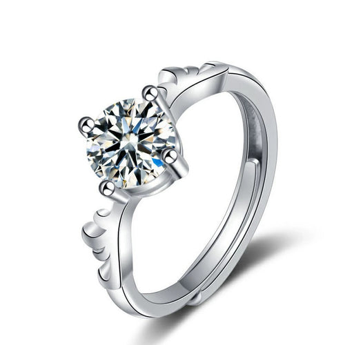 Antler Four-Prong Round Moissanite Adjustable Engagement Ring in white gold-plated S925 sterling silver on clean white background