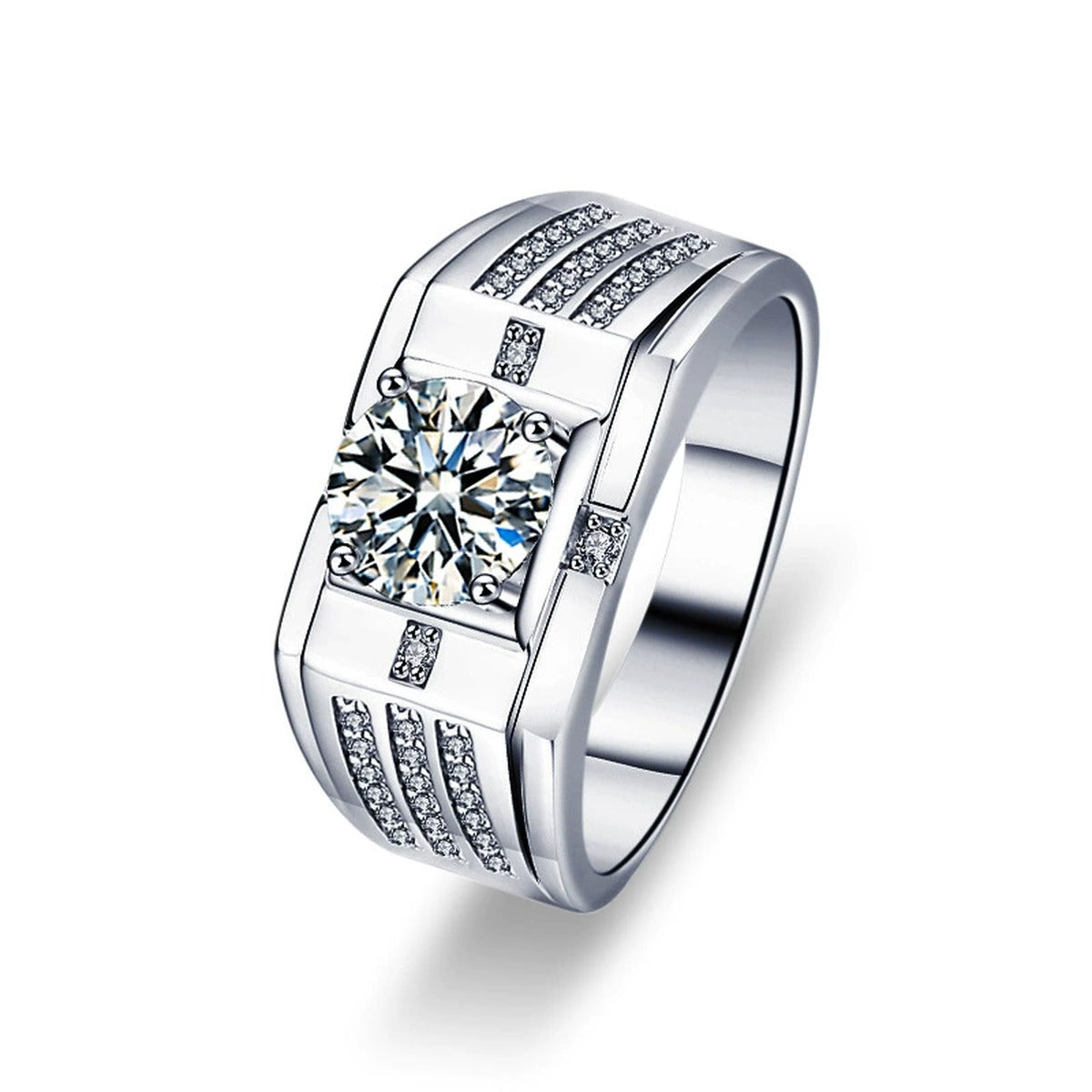 Round Moissanite Couples Wedding Rings with CZ in white gold-plated S925 sterling silver on clean white background