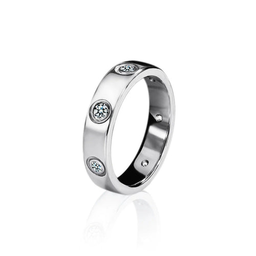 Bezel-Set Round Moissanite Wide Wedding Band in white gold-plated S925 sterling silver on clean white background