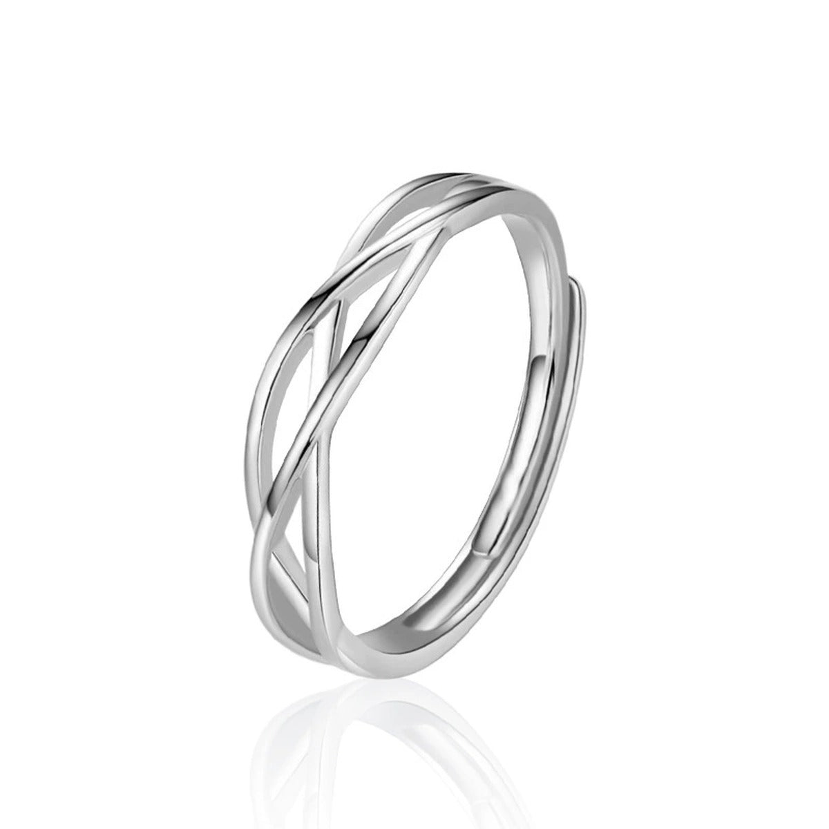 Interlaced Couples Adjustable Wedding Rings in white gold-plated S925 sterling silver on clean white background