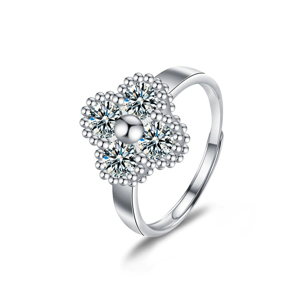 Four-Leaf Clover Round Moissanite Adjustable Fashion Ring in gold-plated S925 sterling silver on clean white background