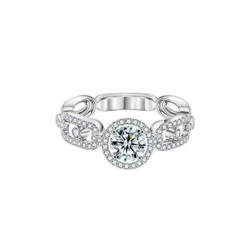 Bezel Round Moissanite Wedding Band with CZ in white gold-plated S925 sterling silver on clean white background