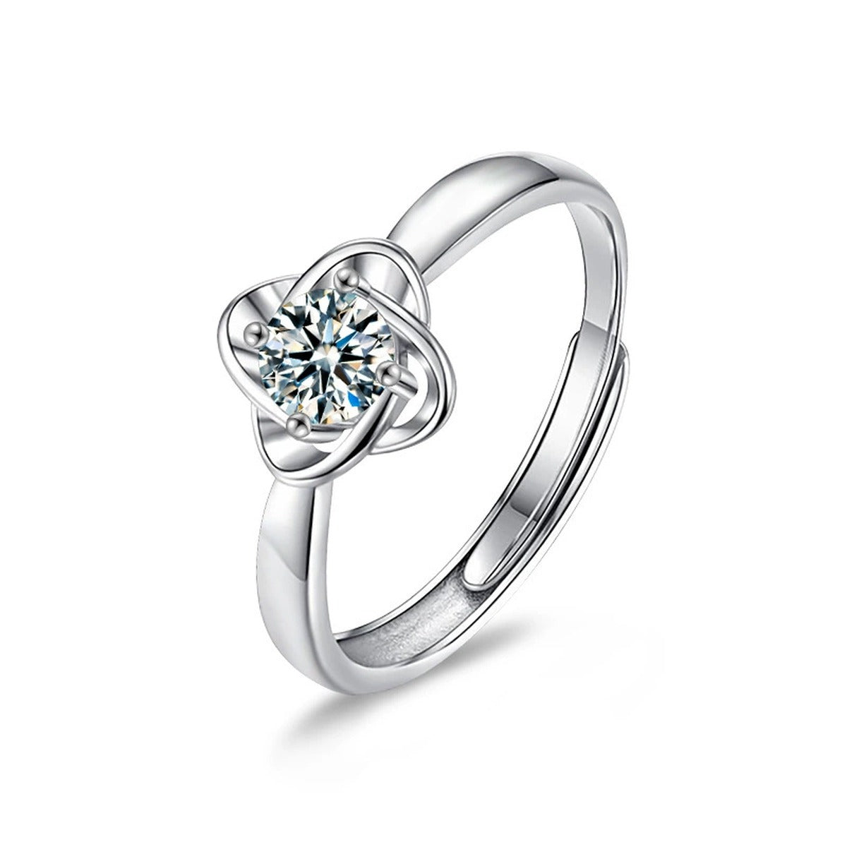 Four-Leaf Clover Round Moissanite Adjustable Fashion Ring in gold-plated S925 sterling silver on clean white background