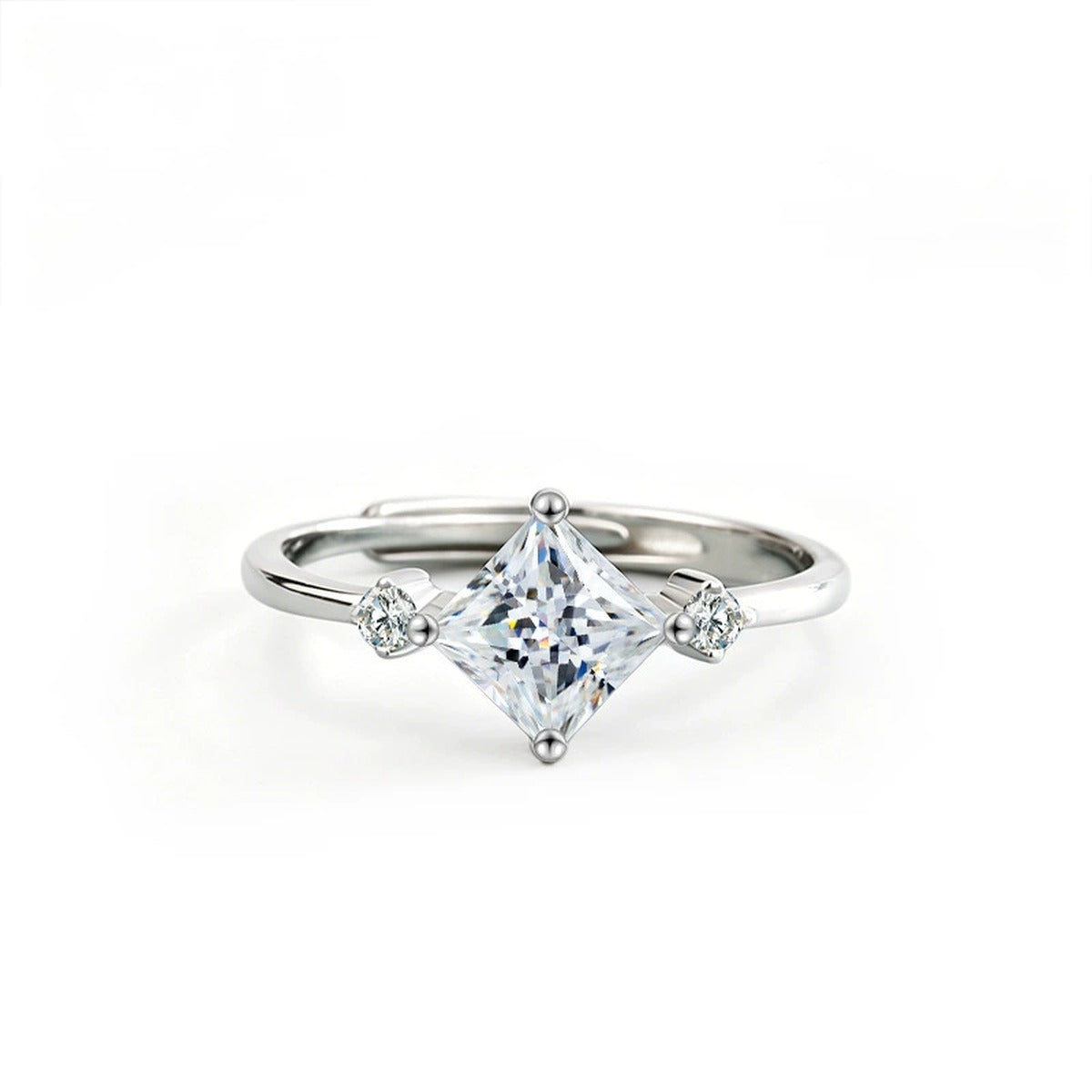 Princess Cut Moissanite Adjustable Engagement Ring with CZ in gold-plated S925 sterling silver on clean white background
