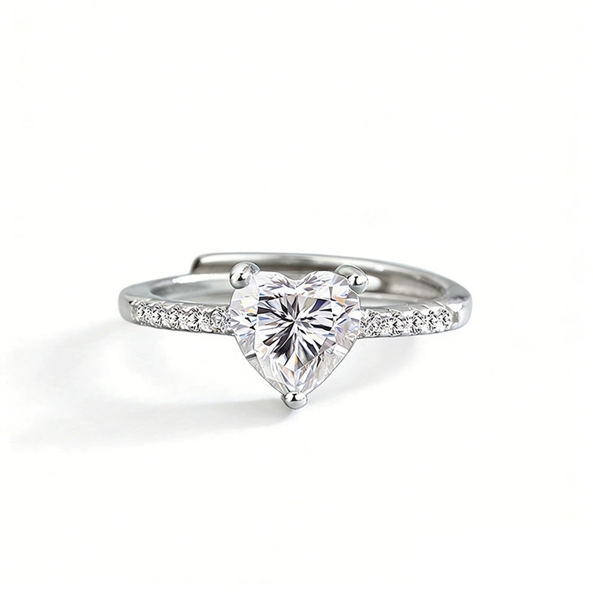 Heart Cut Moissanite Adjustable Engagement Ring with CZ in gold-plated S925 sterling silver on clean white background