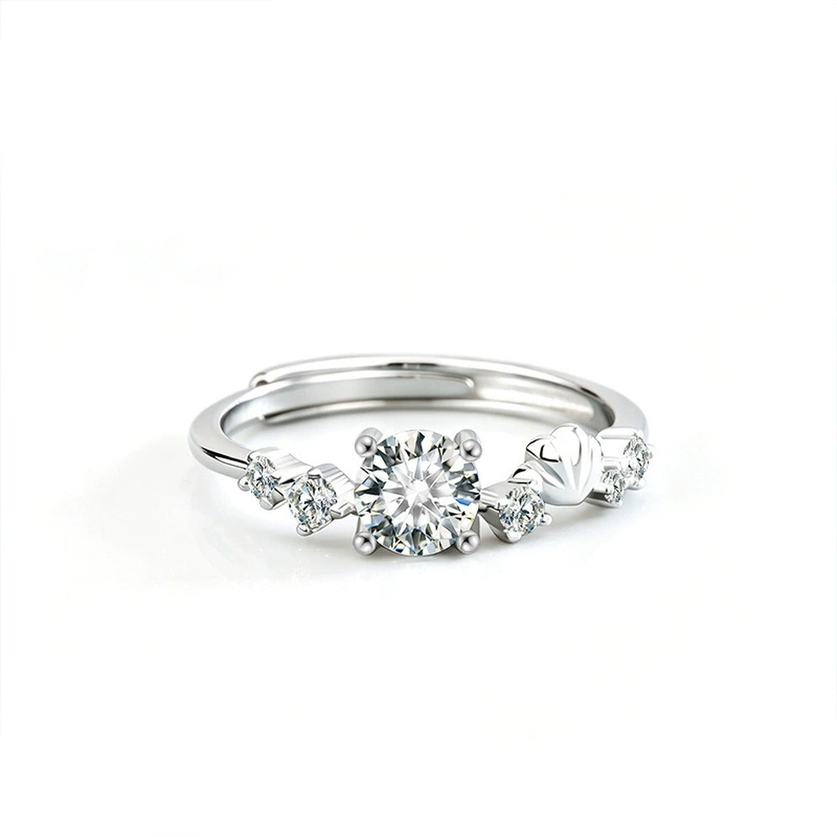 Seashell Round Moissanite Adjustable Ring with CZ in gold-plated S925 sterling silver on clean white background