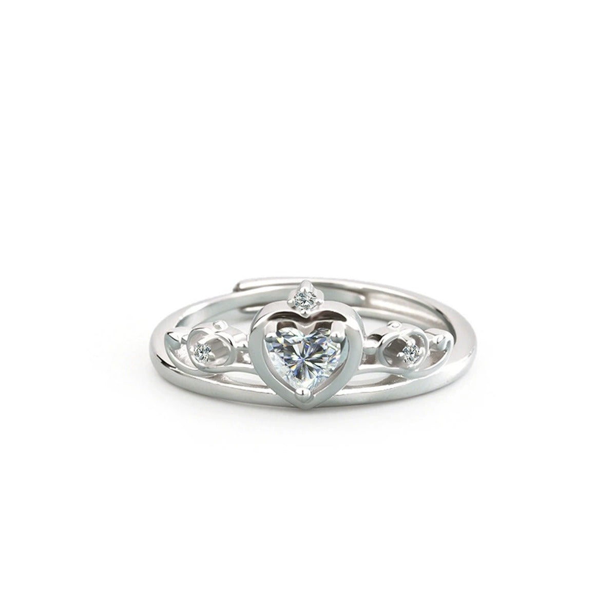 Crown Heart Cut Moissanite Adjustable Ring with CZ in gold-plated S925 sterling silver on clean white background