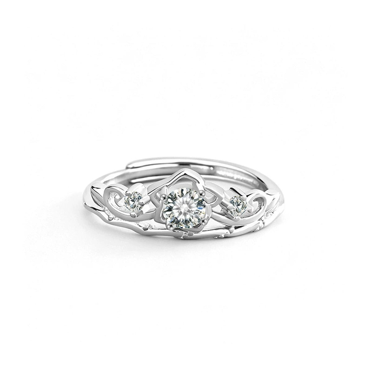 Crown Round Moissanite Adjustable Ring with CZ in gold-plated S925 sterling silver on clean white background
