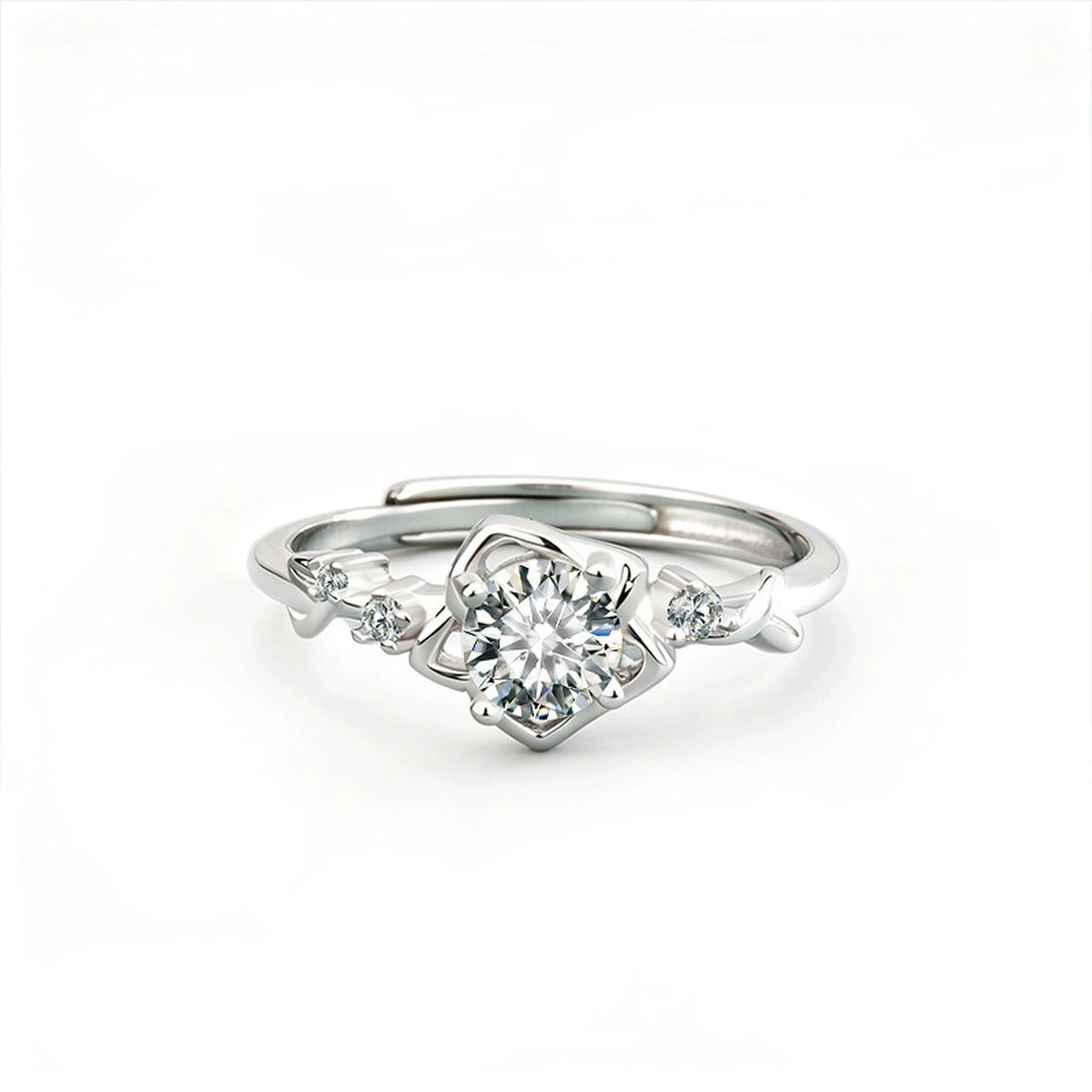 Floral Round Moissanite Adjustable Ring with CZ in gold-plated S925 sterling silver on clean white background