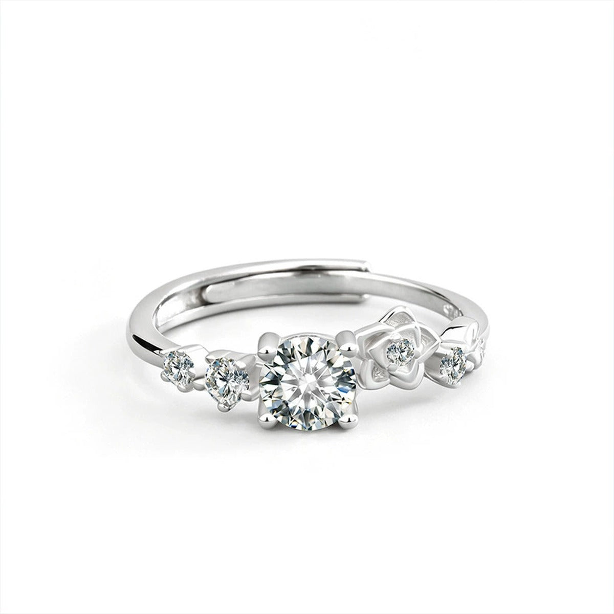 Rose Floral Round Moissanite Adjustable Ring with CZ in gold-plated S925 sterling silver on clean white background