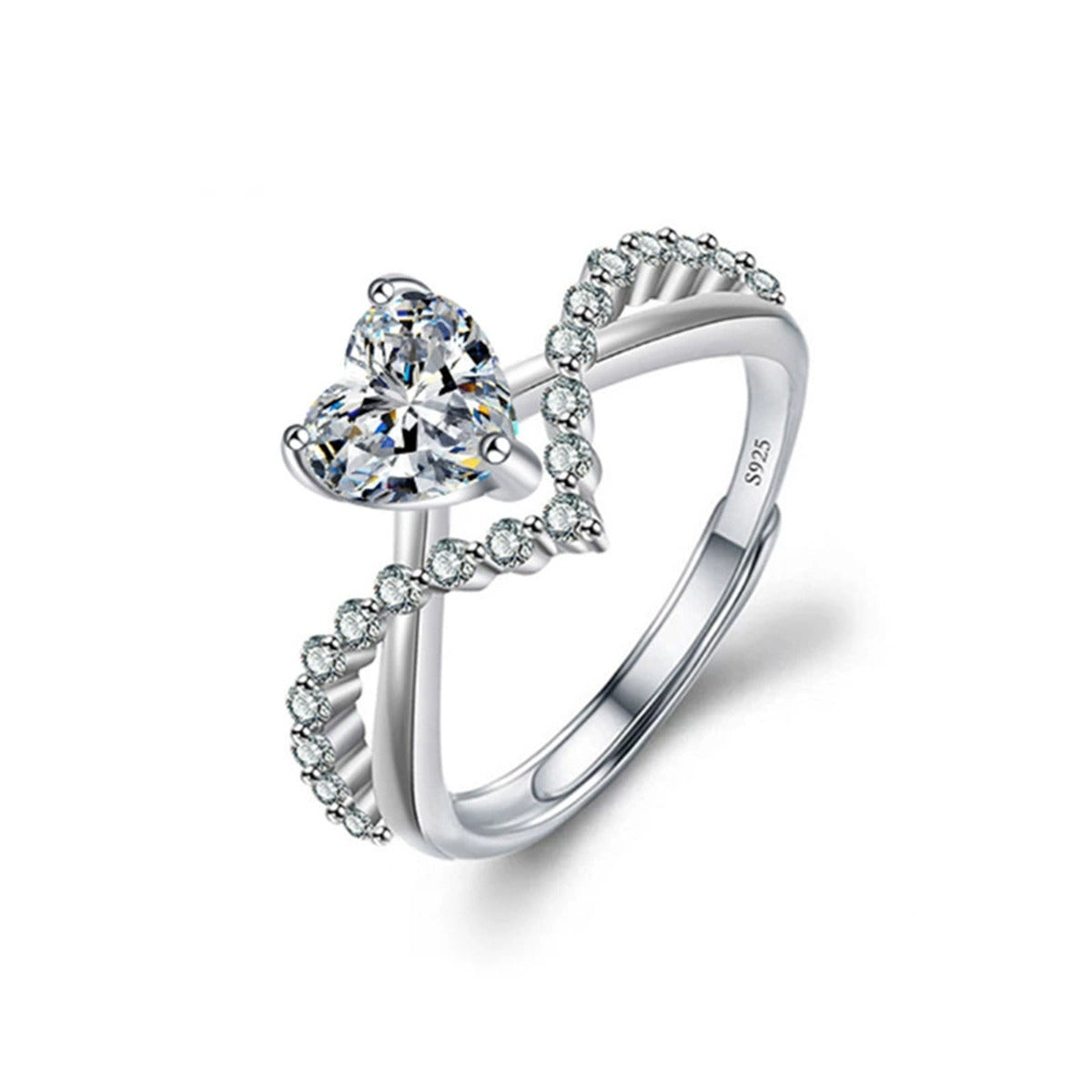 Heart Cut Moissanite Engagement Ring with CZ in gold-plated S925 sterling silver on clean white background