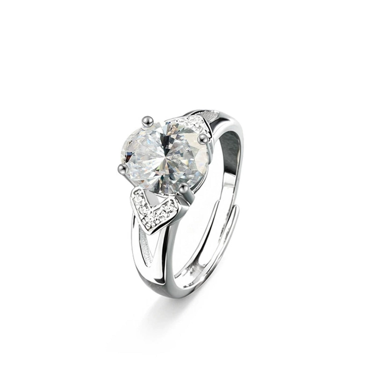 Oval Cut Moissanite Engagement Ring with CZ in gold-plated S925 sterling silver on clean white background