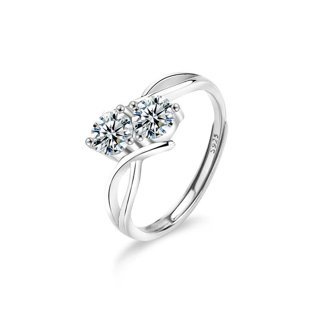 Two-Stone Round Moissanite Adjustable Ring in gold-plated S925 sterling silver on clean white background