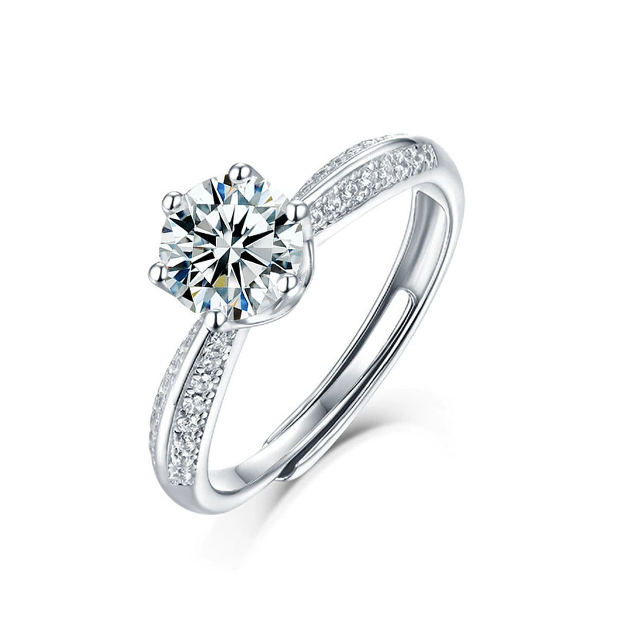 Six-Prong Round Moissanite Adjustable Engagement Ring with CZ in gold-plated S925 sterling silver on clean white background
