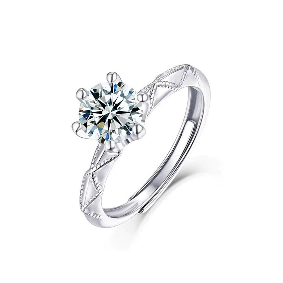Six-Prong Round Moissanite Adjustable Engagement Ring in gold-plated S925 sterling silver on clean white background