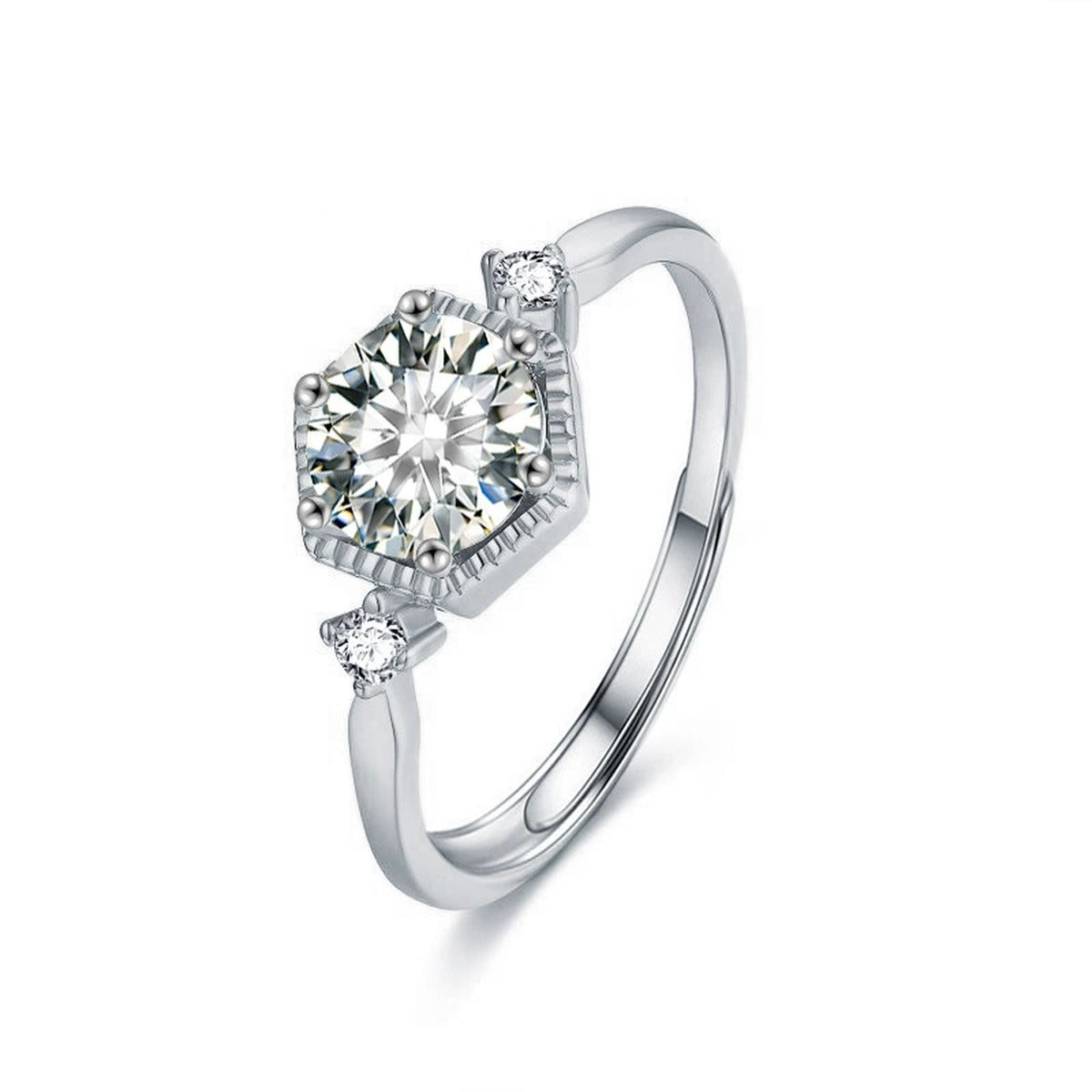 Hexagon Halo Round Moissanite Adjustable Engagement Ring with CZ in gold-plated S925 sterling silver on clean white background