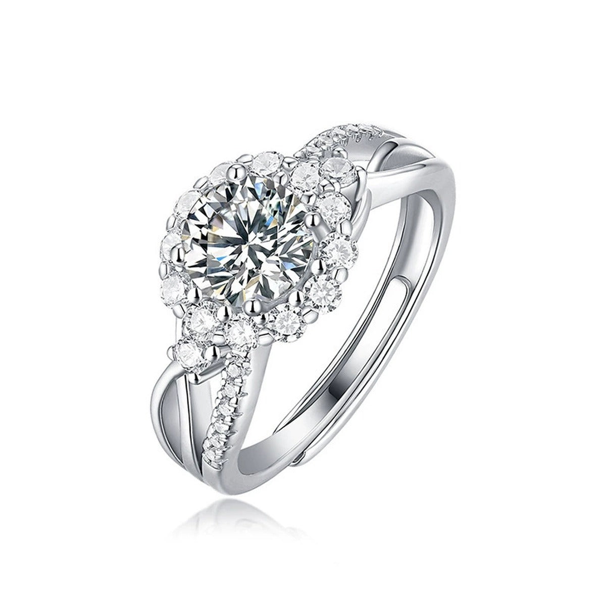Floral Halo Round Moissanite Adjustable Engagement Ring with CZ in gold-plated S925 sterling silver on clean white background