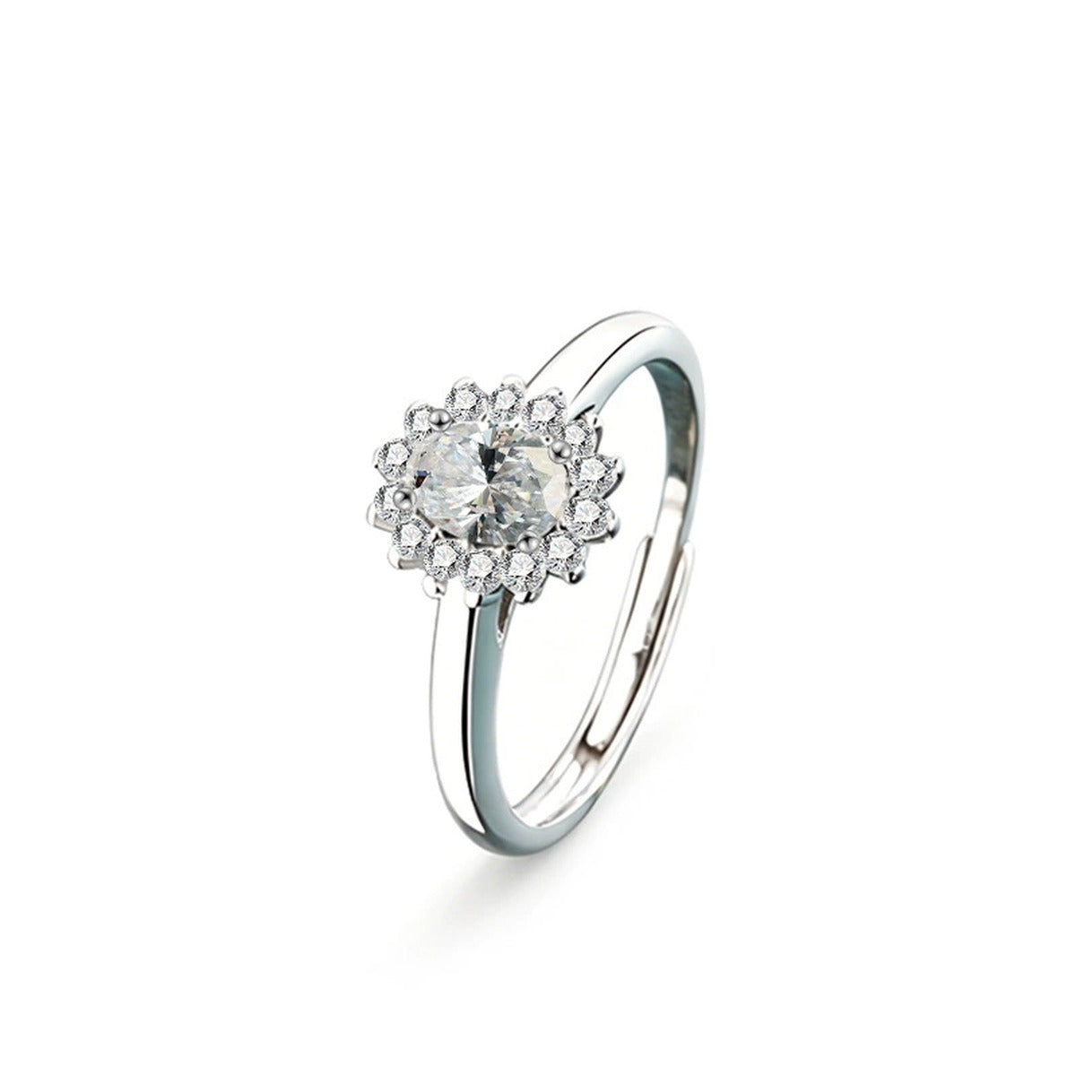 Oval Cut Floral Halo Moissanite Engagement Ring with CZ in gold-plated S925 sterling silver on clean white background