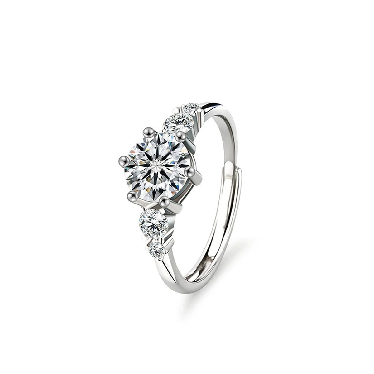 Three-Stone Round Moissanite Engagement Ring with CZ in gold-plated S925 sterling silver on clean white background