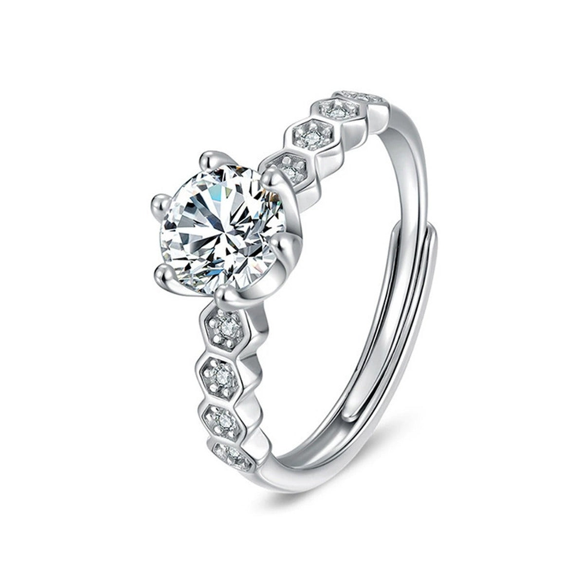 Six-Prong Round Moissanite Adjustable Engagement Ring with CZ in gold-plated S925 sterling silver on clean white background
