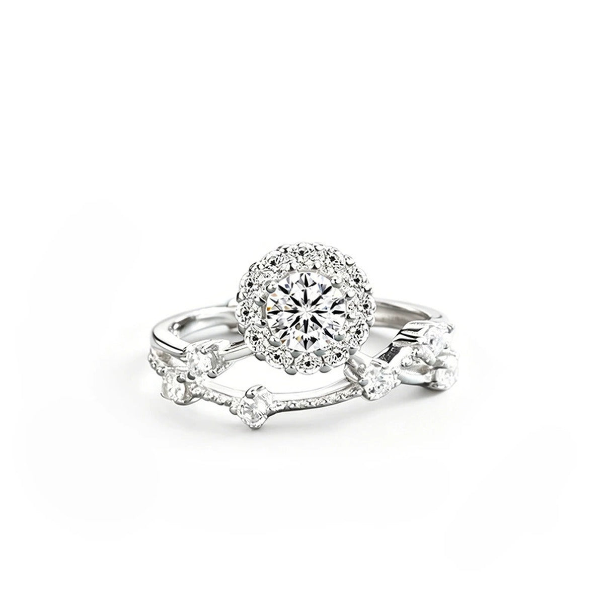 Halo Round Moissanite Adjustable Ring Set with CZ in gold-plated S925 sterling silver on clean white background