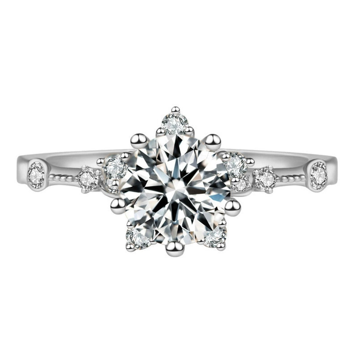 Compass Halo Round Moissanite Adjustable Engagement Ring with CZ in gold-plated S925 sterling silver on clean white background