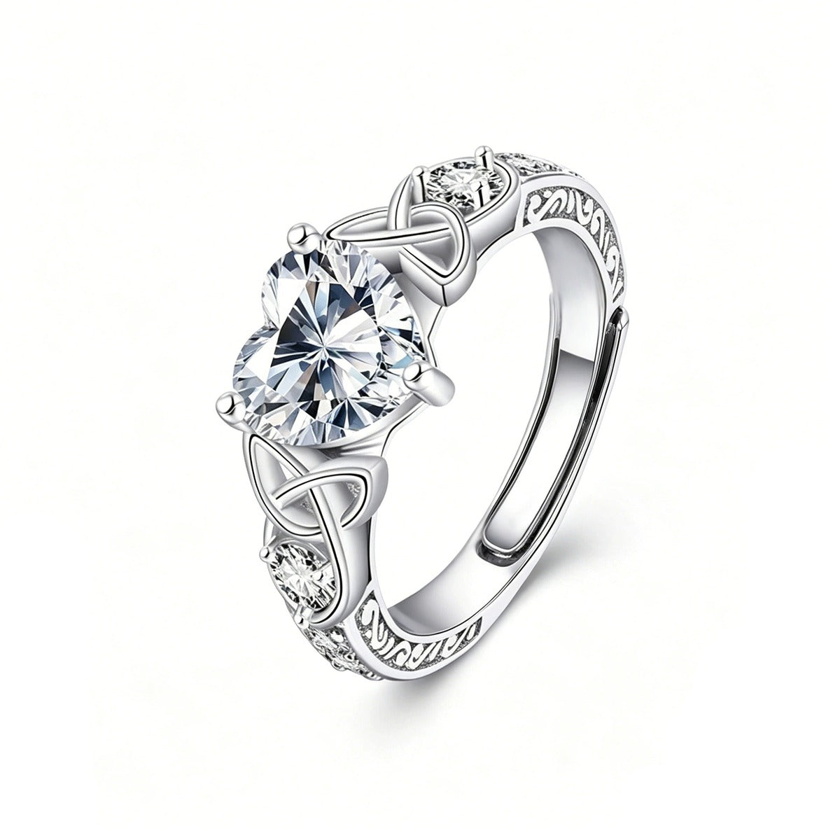 Vintage Heart Cut Moissanite Adjustable Engagement Ring with CZ in gold-plated S925 sterling silver on clean white background
