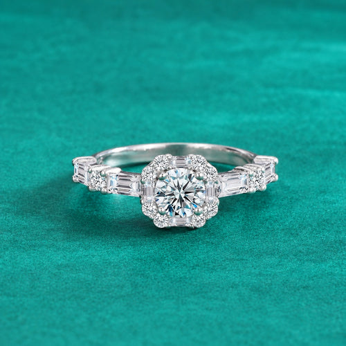 Baguette Accent Round Moissanite Engagement Ring with CZ product view showing moissanite setting and metal finish