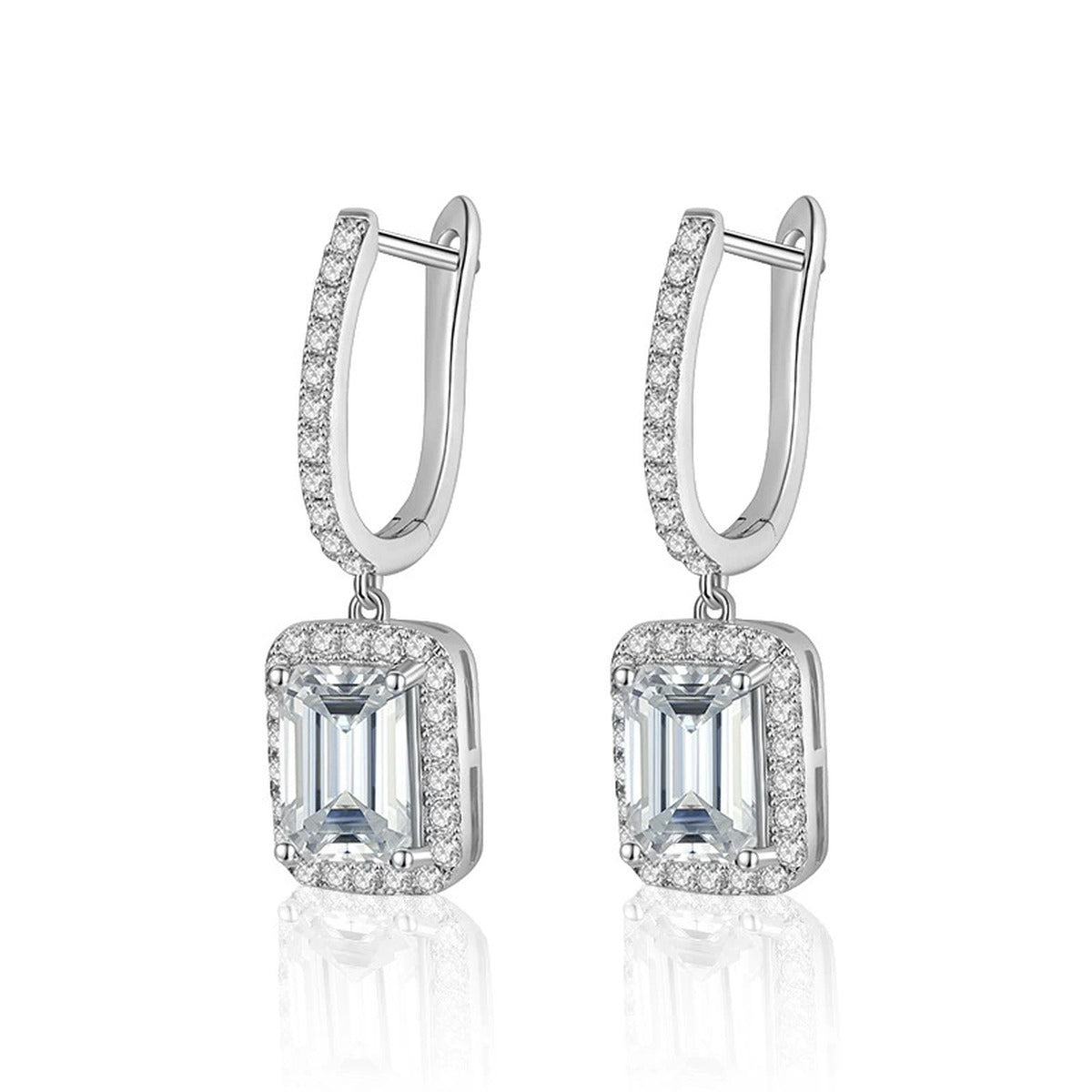 Radiant or Emerald-Cut Moissanite Hoop Dangle Earrings with CZ in White Gold-Plated S925 sterling silver white background product photo showing the pair, stone shape, and hoop dangle earrings silhouette