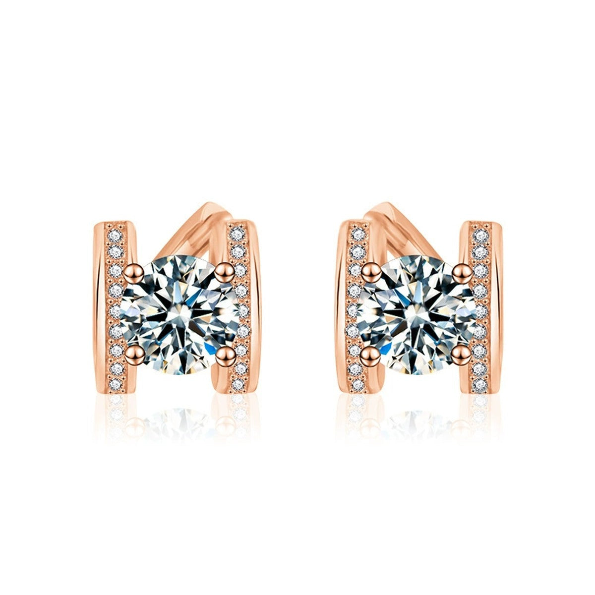 Bowknot Round Moissanite Huggie Hoop Earrings with CZ in Gold-Plated S925 sterling silver product scene view showing angled setting detail